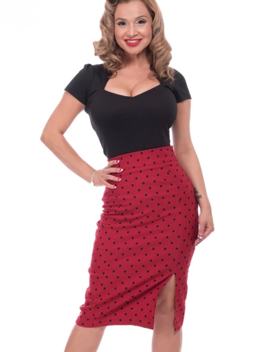 Rock Steady red polka dot pencil skirt Sexy & Sweet w Spandex Zip up back Med